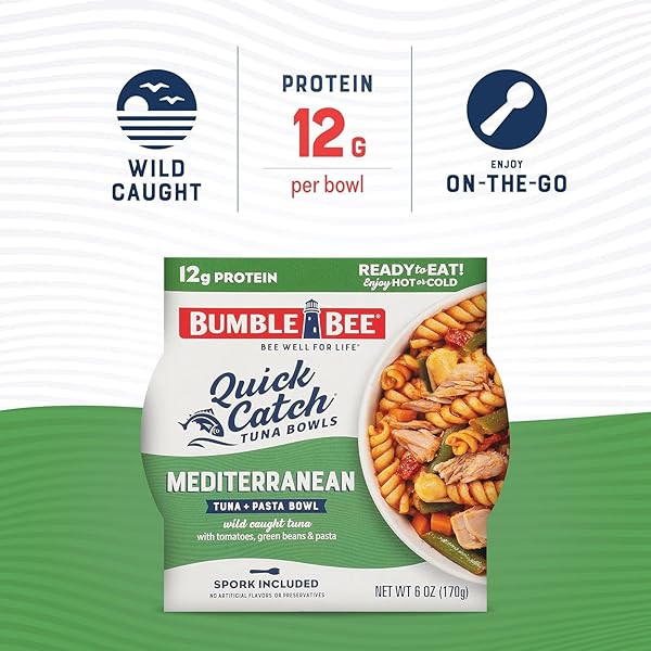 BUMBLE BEE QUICK CATCH MEDITERRANEAN PASTA, WILD CAUGHT TUNA AND PASTA BOWL, 6 OZ (PACK OF 1) – READY TO ENJOY, SPORK INCLUDED – 14G PROTEIN PER SERVING – NO ARTIFICIAL FLAVORS – GOOD SOURCE OF FIBER