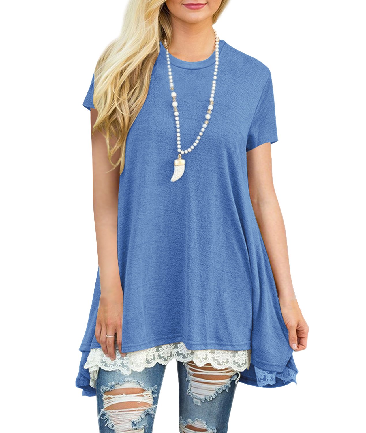 Rdfmy Women\'s Lace Short Sleeve Tops Casual Round Neck Top Blouses Blue XXL