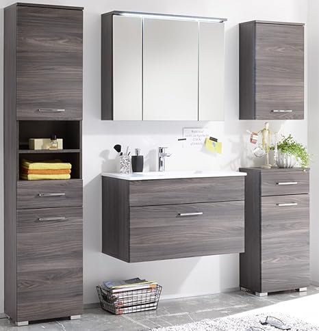 trend-moebel BADMÖBEL 5-tlg. Set HOCHSCHRANK UNTERSCHRANK Spiegel KOMMODE SANGALLO BRAUN