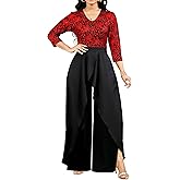 SxClub Elegant Red Sparkly Jumpsuit for Women Sexy Long Sleeve Long Split lightweight Pants Cocktail Party Club Jumpsuits with Zipper(Large)