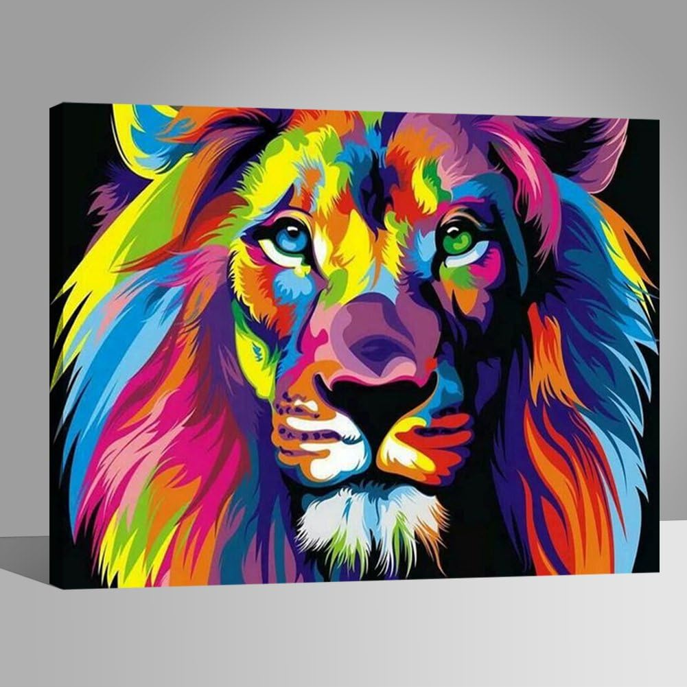 Amazon Com Liudao Diy Oil Painting Paint By Number For Kids And Adults Colorful Lion 16x20 Inches Wooden Frame
