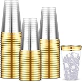 Sliner 50 Pcs Hard Plastic Cups Double Rimmed Plastic Cups Heavy Duty Fancy Wine Glasses for Holiday Christmas New Year Winter Birthday Party Supplies(16 Oz,Gold)