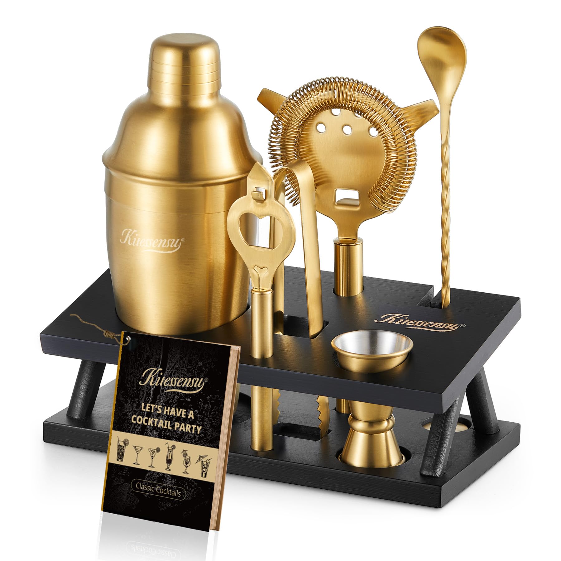 KITESSENSU Cocktail Shaker Set Bartender Kit, 6-Piece Silver Bar Set with Stand, Gold Image