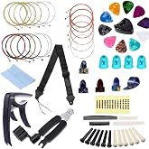 PUWANY 60 PCS All-in-One Acoustic Guitar Maintenance &amp; Starter Kit | Includes Strings, Thumb Picks, 3-in-1 Restring Tool, Bridge Pins, Strap, Picks, Fretboard Stickers