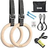GHB Gymnastic Rings Wooden Gym Rings 1.25" Olympic Rings Adjustable Straps Pull Up Rings Sets for Workout Bodyweight Fitness