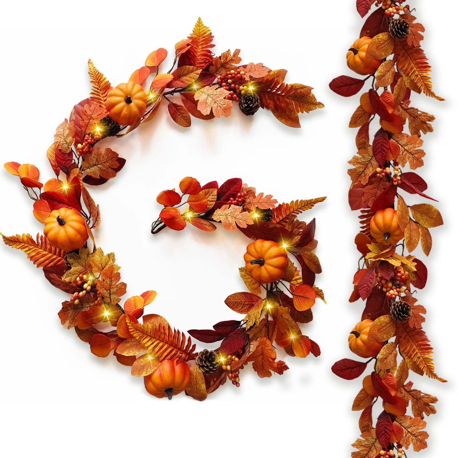 Photo 1 of 2 Pcs Fall Garland with Lights Fall Decorations for Home 6Ft, Fake Pumpkin Berry Autumn Maple Leaves Garland for Mantle Halloween Thanksgiving Fireplace Harvest Party, Fall Decor Indoor Outdoor Porch