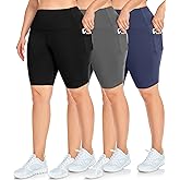 NEW YOUNG 3 Pack Plus Size Biker Shorts with Pockets for Women-High Waisted Workout Shorts