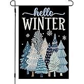 CROWNED BEAUTY Hello Winter Garden Flag Trees 12x18 Inch Double Sided Blue Decoration for Outside Yard CF1902-12