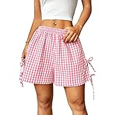 Verdusa Women's Gingham Plaid Shorts Bow Tie Split Elastic Waist Y2k Wide Leg Shorts Summer Vacation Outfits Picnic Clothes