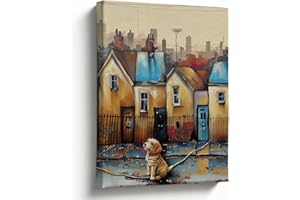 Urban Landscape Oil Painting Canvas Wall Art, City Rooftops Golden Retriever Art Print, Modern Industrial Decor for Living Ro