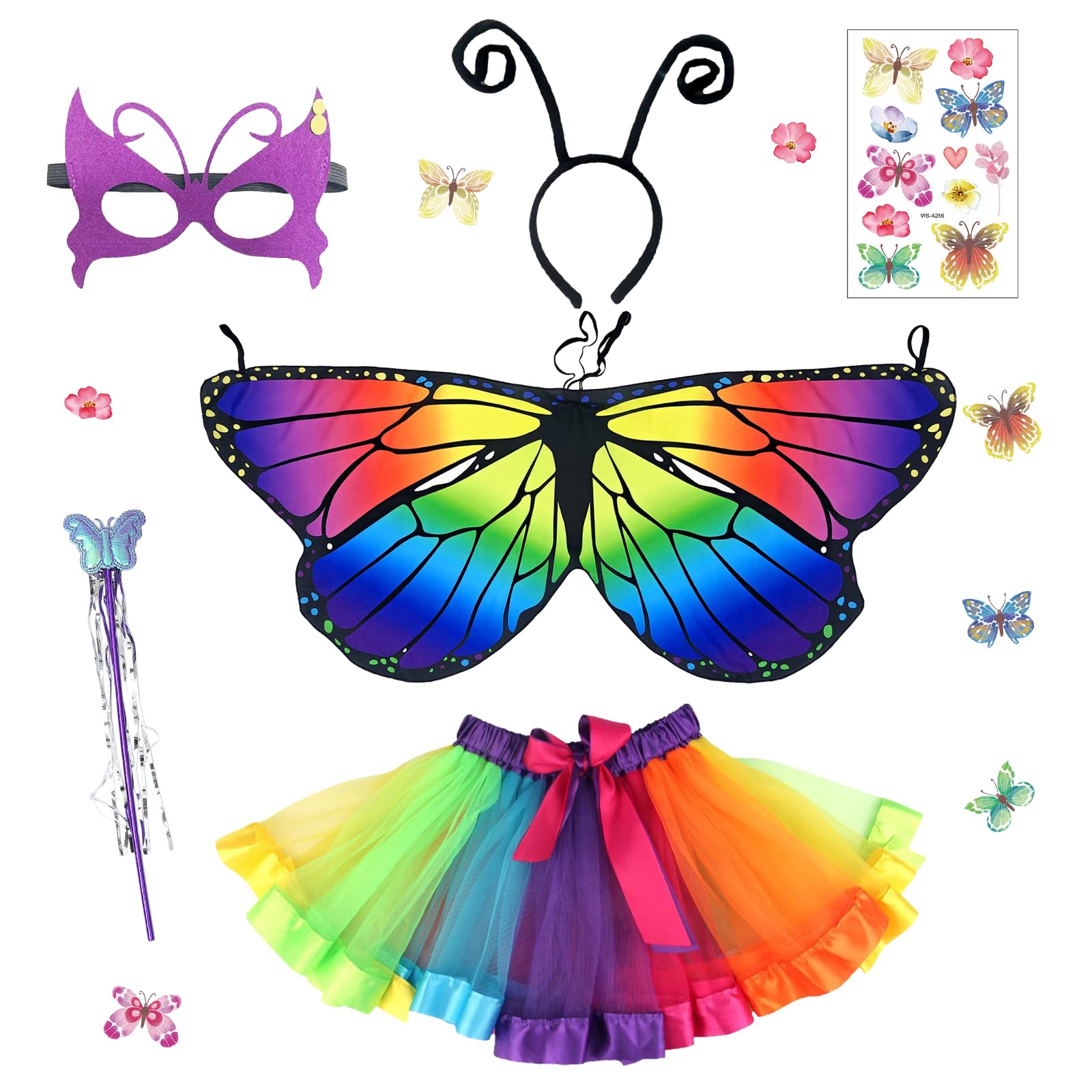 YAEGIMHT Butterfly Costume Kids Girls, 6 Pcs Fairy Costume Set with Butterfly Wings Headband Colorful Tutu Wand Mask Tattoo, Animal Dressing Up for Carnival Halloween Performance Girls 3-8 Years