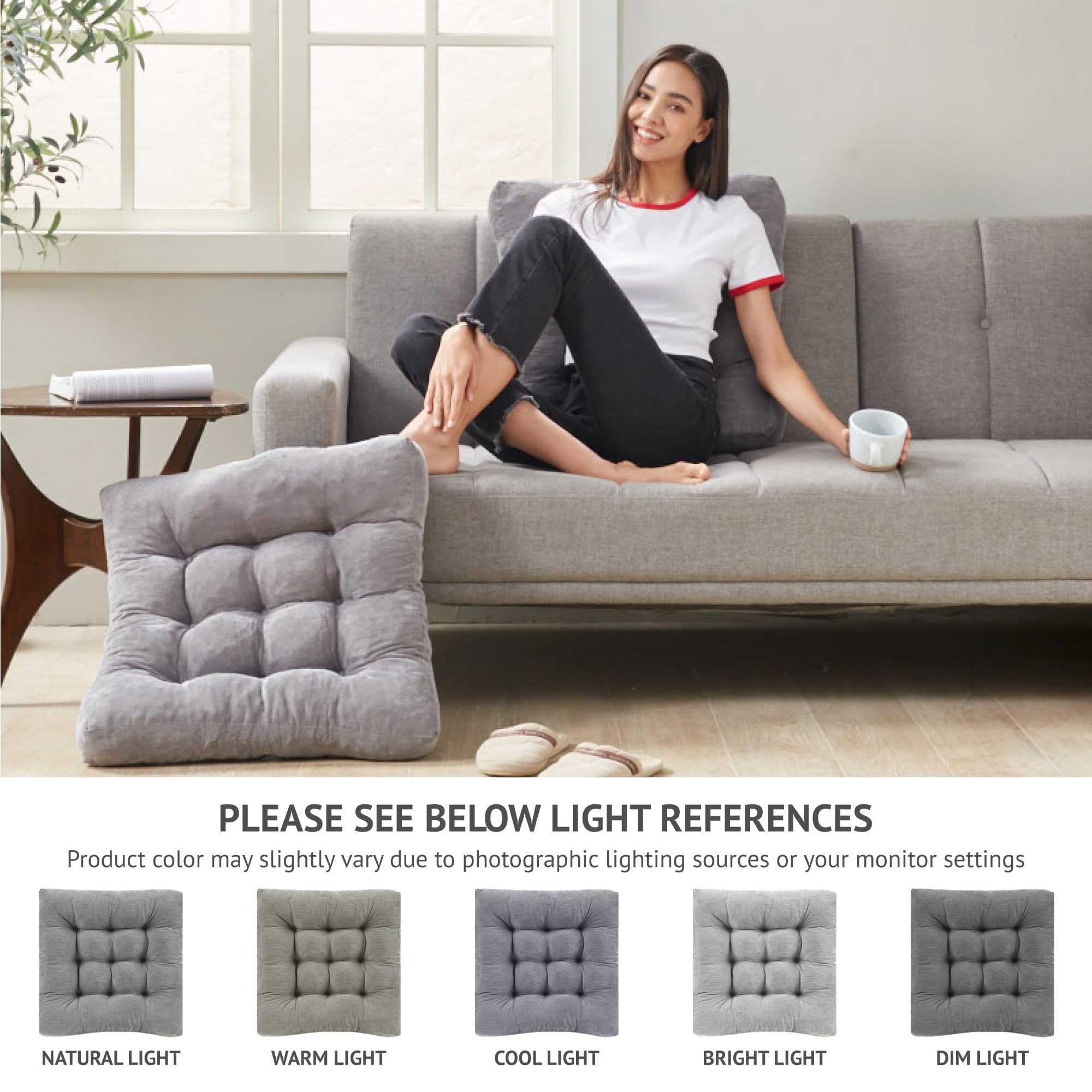 Degrees of Comfort Meditation Floor Pillow, Square Large Pillows Seating for Adults, Gray Tufted Corduroy Cushions for Outdoor Yoga Tatami Fireplace Living Room, Grey, 22x22 Inch - Image 3