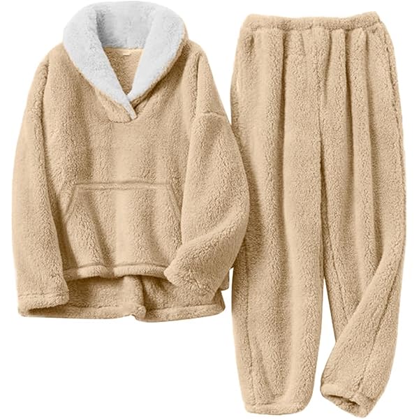 トップス andwang Fluffy fleece set beige Ainangua Women's Winter Fluffy Pajamas Set Fuzzy Fleece Pullover