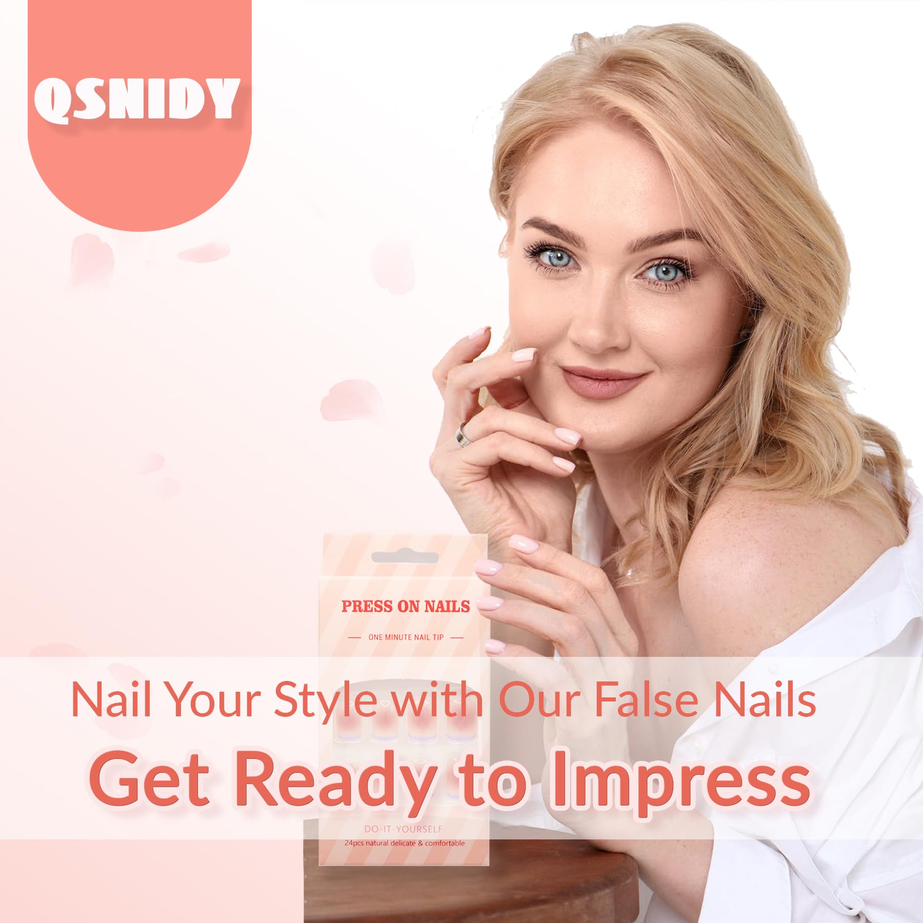 Qsnidy Press on Nails Square - French Ombre Pink Fake Nails Medium Acrylic Glossy Full Cover Stick On Nails for Women and Girls Daily Wear, Natural Fit Glue on Nails in 12 Sizes - 24 Nails Kit - Image 6