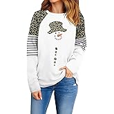 OCURHU Long Sleeve Christmas Shirts for Women Merry Christmas Leopard Striped T-Shirt Xmas Graphic Holiday Tops