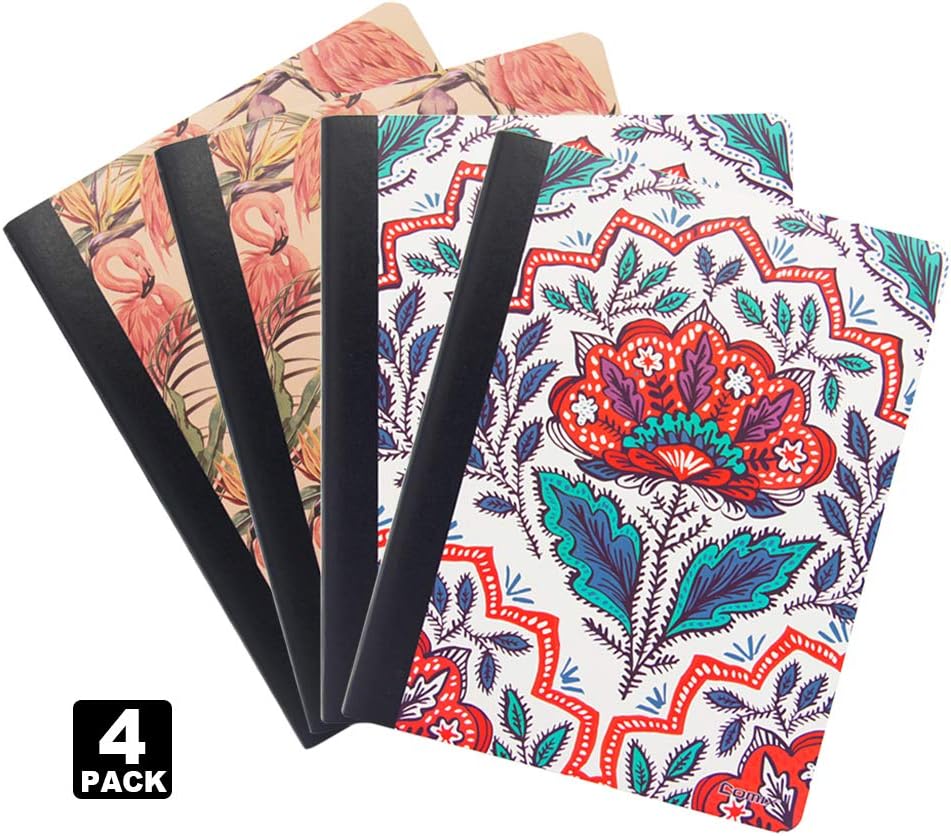 Comix Composition Book/Notebooks,Wide Ruled Paper 9.75" x 7.5",100 Sheets Assorted 2 Colors 4 Packs(C9000) (Bird+Flower)
