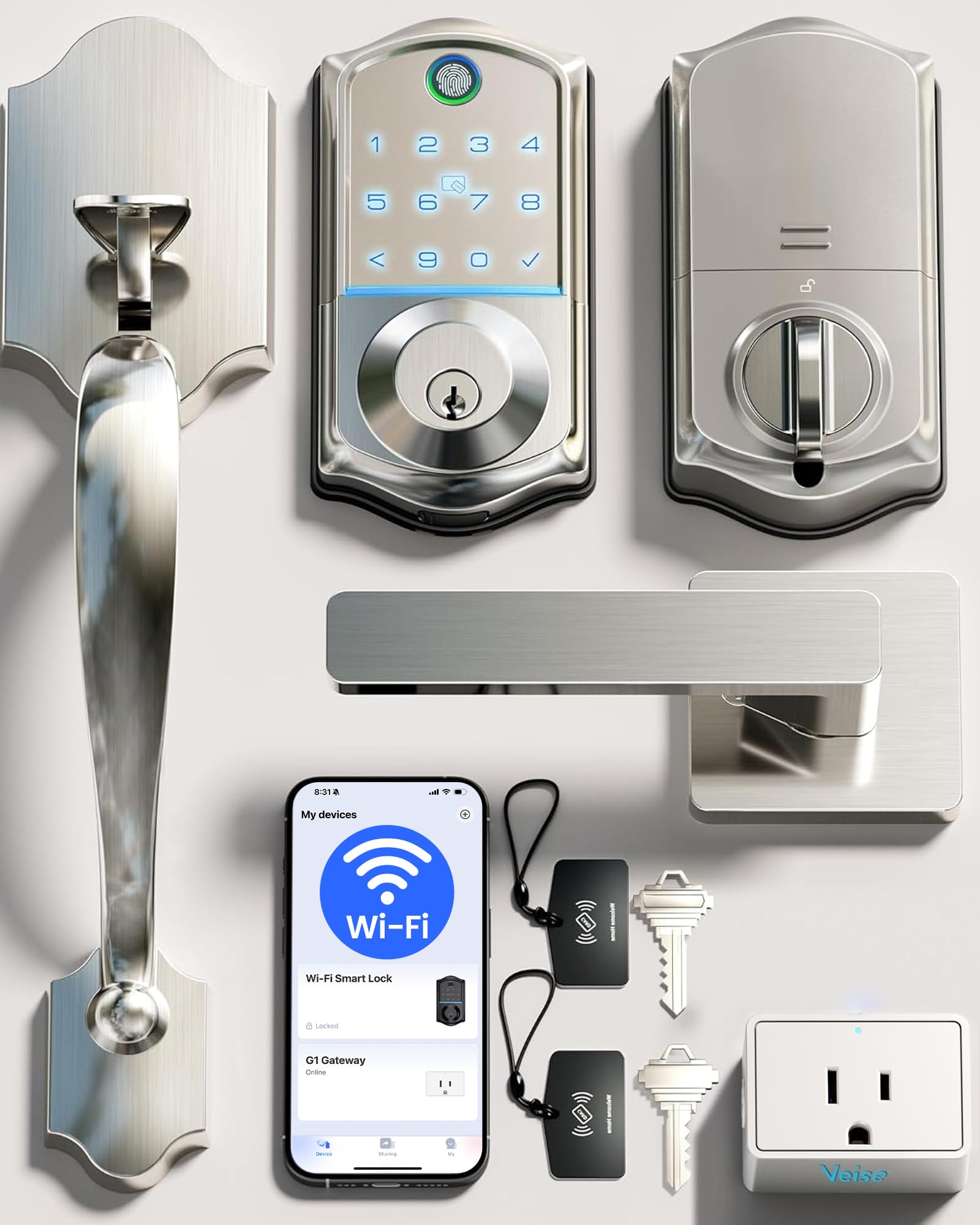 Photo 1 of Veise VE017G-H Wi-Fi Smart Fingerprint Front Door Lock Set, Remote App Control, Keyless Entry Deadbolt with Handle, Backlit Keypad, IP55 Weatherproof, Auto Lock, Easy to Install, Satin Nickel