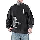 Weetioito Mens Graphic Sweatshirt Streetwear Crewneck Hoodie Baggy Grunge Pullover Hoodies Vintage Acid Wash Sweatshirts