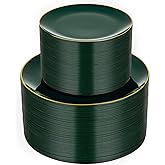 bUCLA 100PCS Green Plastic Plates - Heavy Duty Green Disposable with Gold Rim Include 50 Dinner 10 inch & 50 Dessert 7 inch Plates, Ideal for Party & Christmas