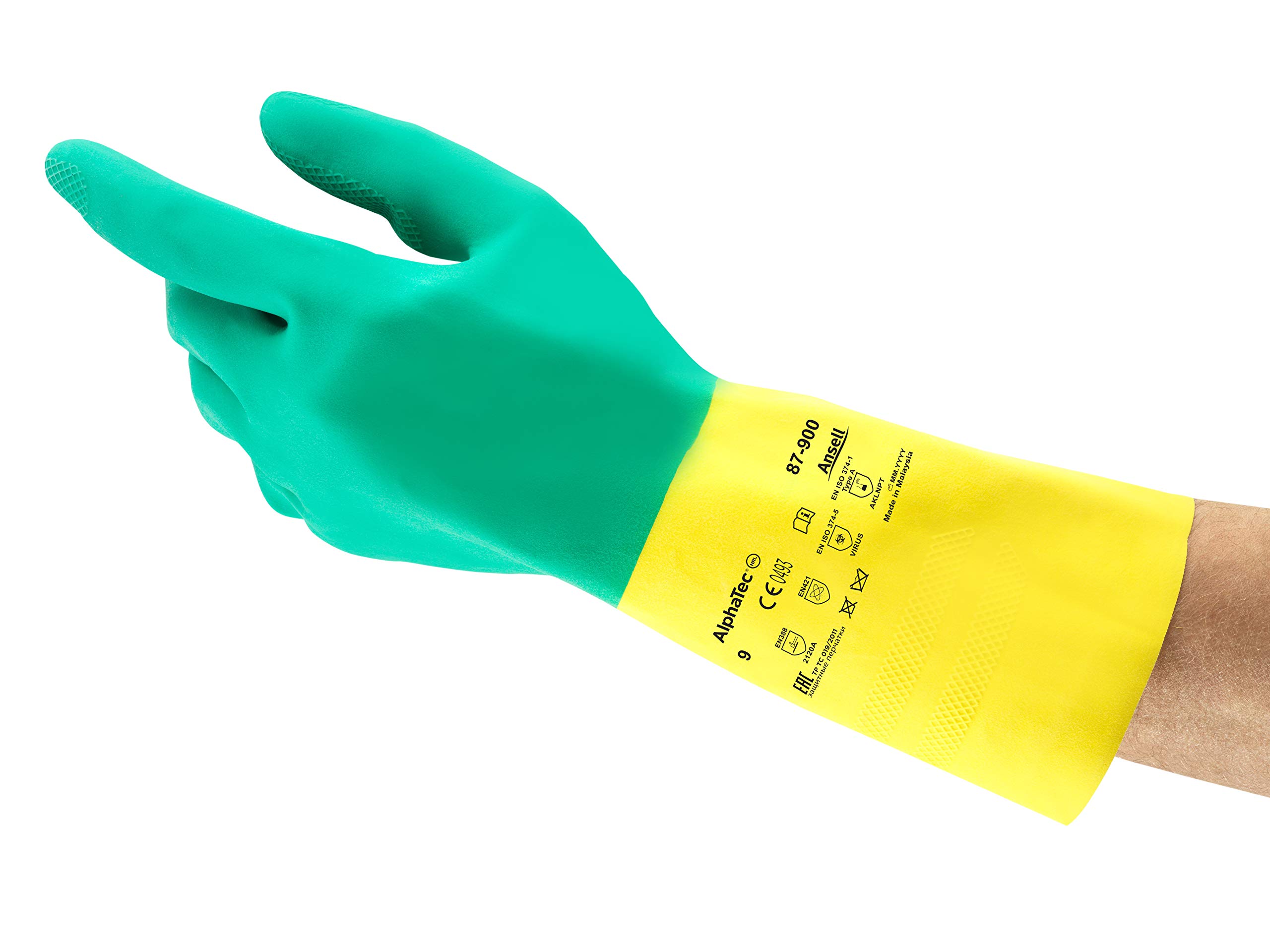 Ansell AlphaTec 87-900 Multi-Purpose Work Gloves, Chemical Resistant, Durable Design, Strong Grip, Cotton Flocked, Industrial Safety Glove in Latex, Men Women, Green, Size 2XL (12 Pairs)