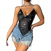 PURFUN Women Sparkly Metal Sequins Crop Top Sexy Halter Neck Backless Camis Body Chian Raves Beach Dance Party Metallic Top