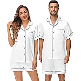 DIKFA Matching Silk Satin Pajamas Set for Couple Short Sleeve Sleepwear for Women&Men 2pcs Pjs Set Button-Down Nightwear Set