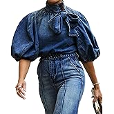 Women's Bow Design Denim Pullover Top Button Up High Neck Fashionable Jacket with Elastic and Puff Sleeves