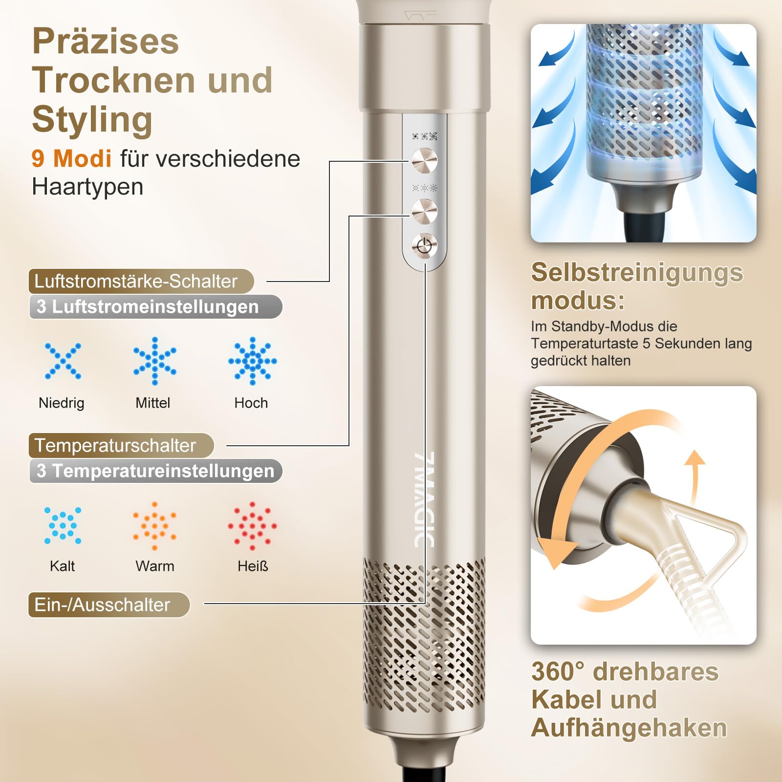 7MAGIC 6 in 1 Airstyler, Hairstyler, Lockenstab Auto-Wrap, Stylen Sie Beach Wave, Ionen Föhn, Professioneller Rundbürstenföhn,Glätteisen, für Besondere Anlässe, Reisen 8
