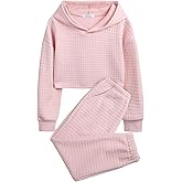 Arshiner Girls 2 Piece Outfit Waffle Knit Pullover Hooded Sweatshirt and Sweatpants Clothing Sets Long Sleeve Tracksuits