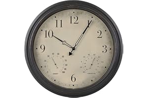 Yumt 16 inch Outdoor Wall Clock, Display Thermometer and Hygrometer Outdoor Waterproof Wall Clock, Non-Ticking Decorative Clock with Battery Operated