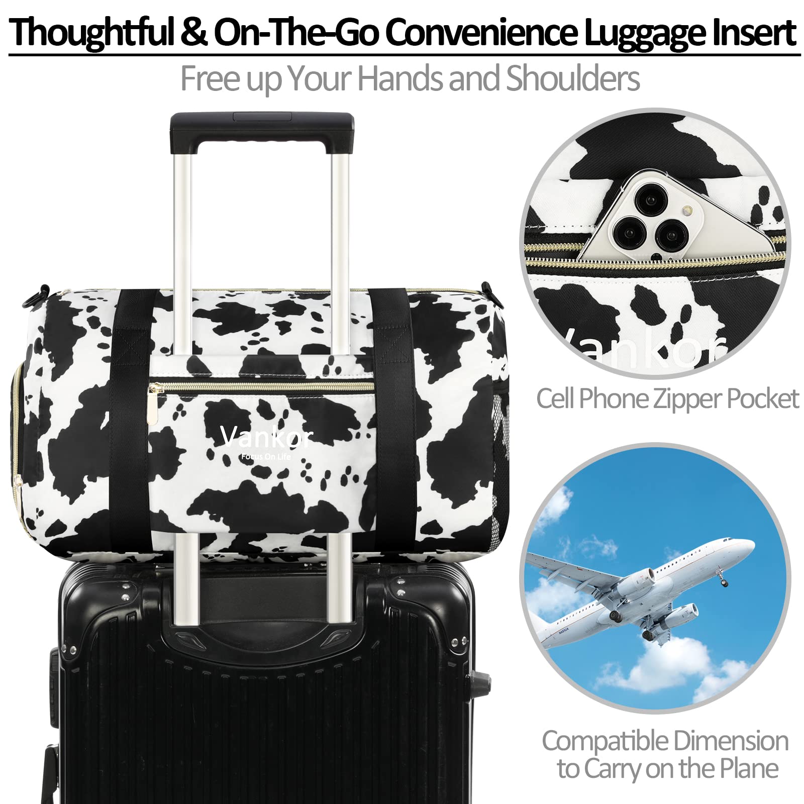 Vankor Gym Bag for Women with Shoe Compartment Waterproof, Sports Duffle Bag for Travel Duffel Weekender Carry on Beach Yoga Overnight Luggage Mommy Maternity Hospital Bag Cow Print 17.5 Inch