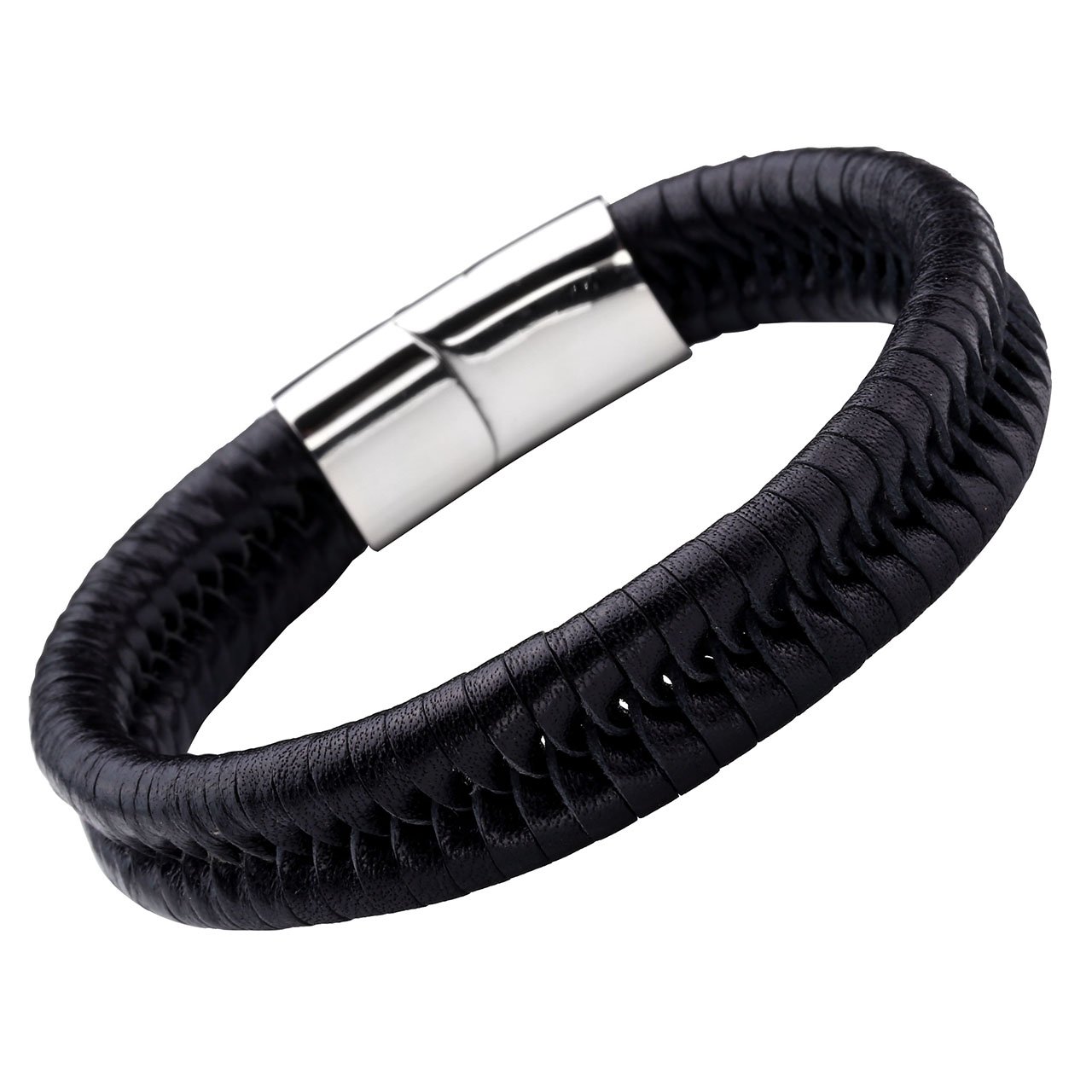 PiercingJ - Bijoux Bracelet Leather Cuir Veritable Tresse Croise avec Fermoir Acier Inoxydable Lien Poignet Manchette Biker Motard Chaine de Main Femme Homme - Noir