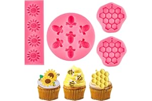 Ocmoiy 4 Pieces Bumble Bee Silicone Mold Honeycomb Sunflower and Bee Fondant Molds for Cupcake Cake Decorating Sugar Chocolate Candy Baking Mold
