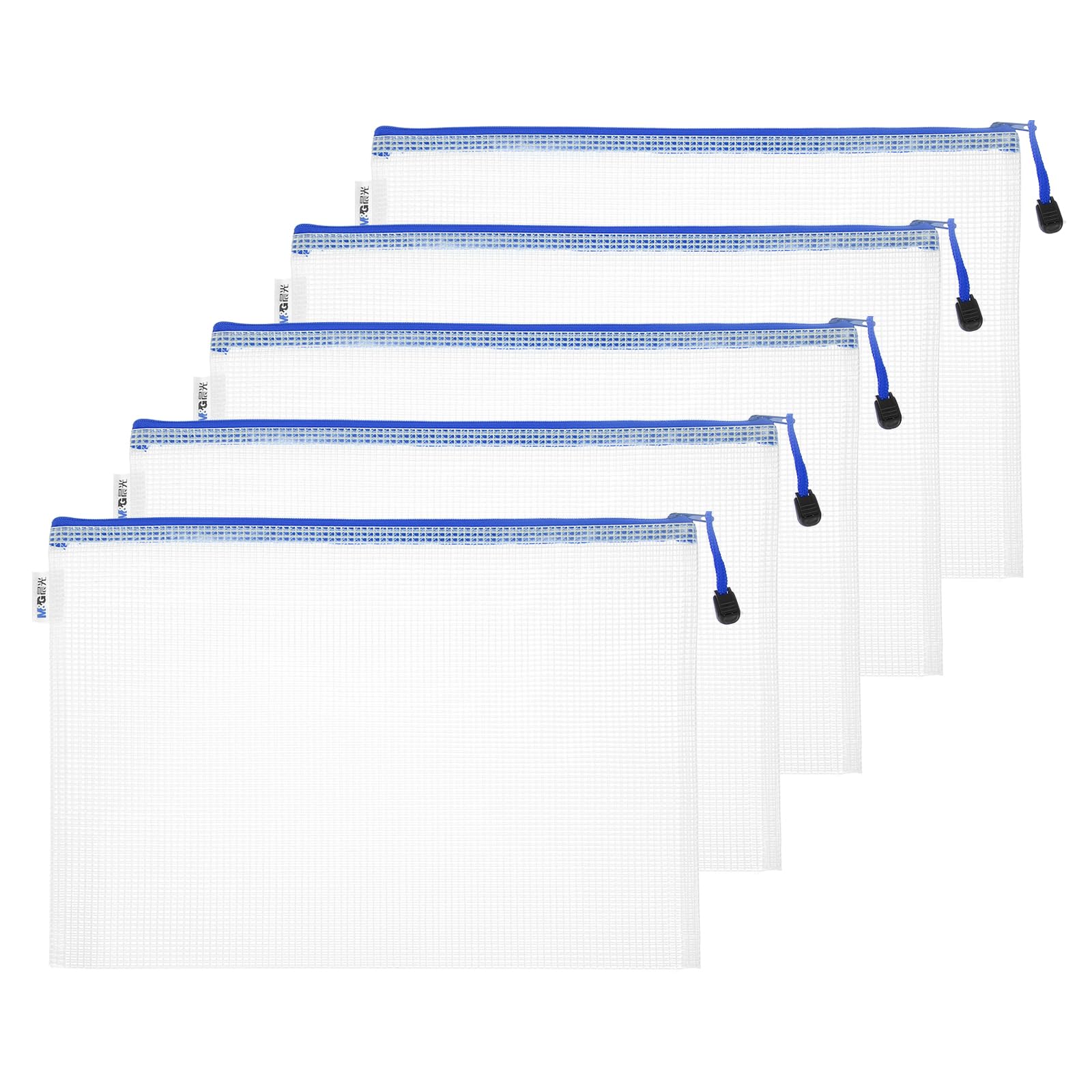 M&G Mesh Zipper Pouch Bag 13.4"x9.6", 5pcs Waterproof File Bag A4 Letter Size Document Organizing Storage for Office Supply Puzzle Cosmetic Travel, Blue
