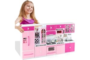 SOCBTNSO 64 PCS Pink Kitchen Toys with Lights Sounds|Mini Kitchen House Furniture Sets for Kids Ages 4-8|Doll Playset Toys for Toddlers 3-5|Birthday Gifts for 3 4 5 6 7 8 Old Girls