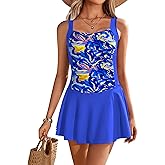 Ekouaer Swim Dress One Piece Bathing Suit Skirted Swimsuits for Women Ruched Retro Swimwear S-XXL