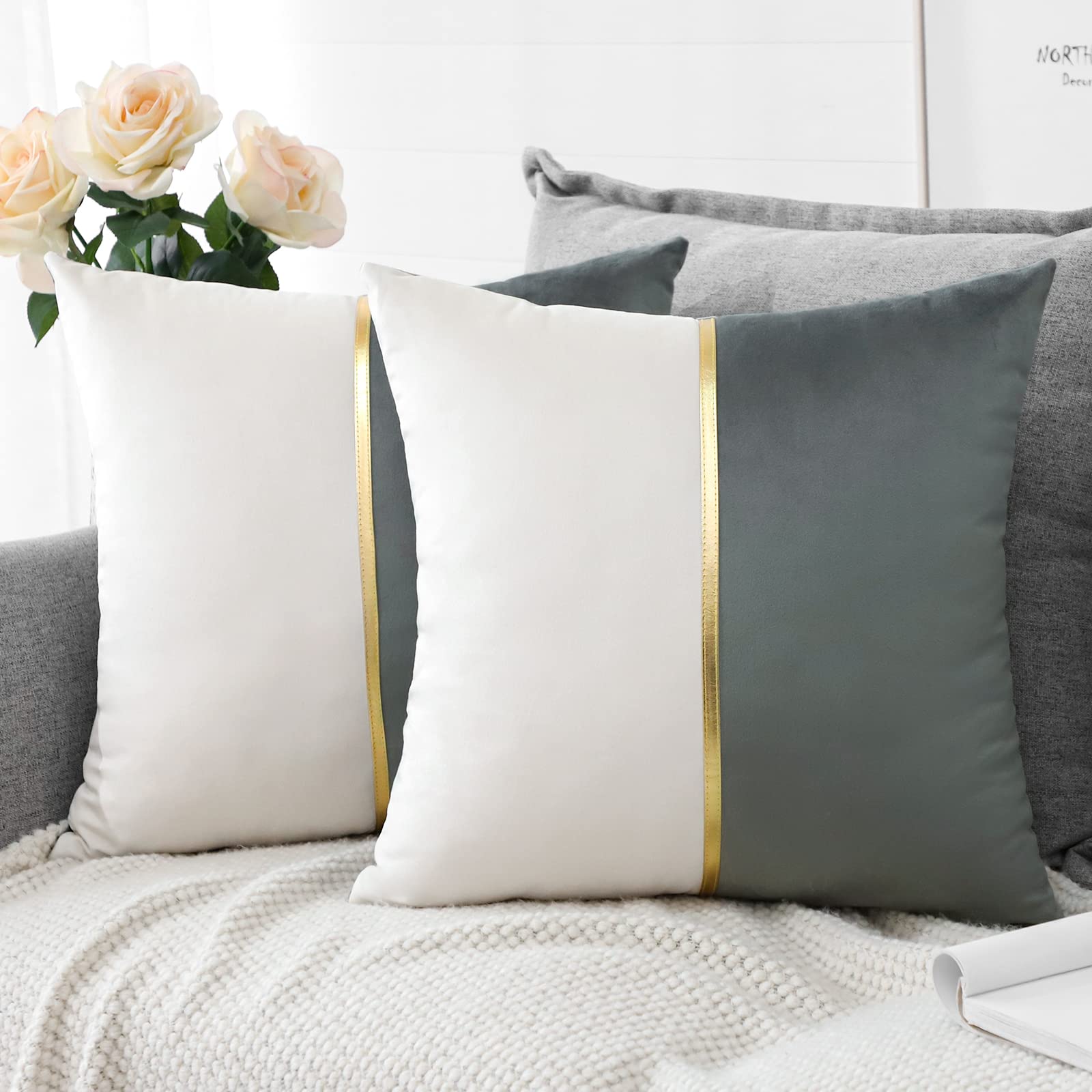 Artscope Grey White Velvet Cushion Covers with Gold Leather Patchwork Luxury Modern Minimalist Square Pillowcase Throw Pillow Covers for Living Room Bed Couch Sofa 45x45cm Set of 2