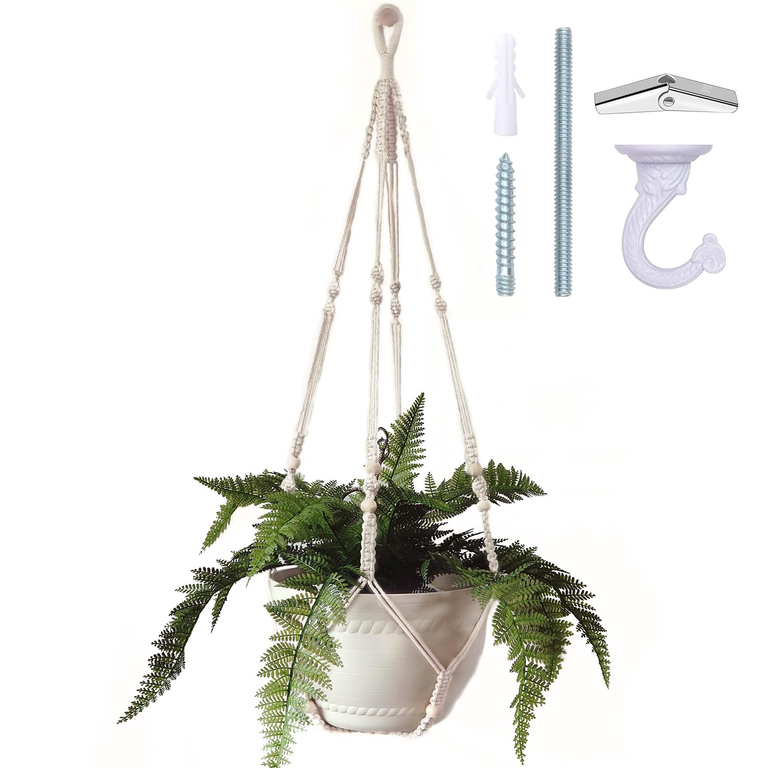Photo 1 of Bouqlife 43 Inches Macrame Plant Hanger Large for 12 inch Pot Extra Long No Tassel Cotton Rope Hanging Plant Holder with Ceiling Hook Bohemian Home Decor