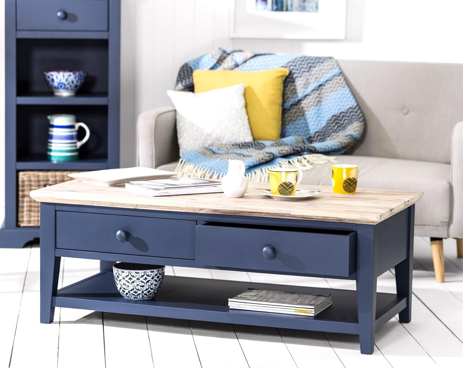 Florence Coffee Table With 2 Drawers And Shelf Navy Blue Amazon