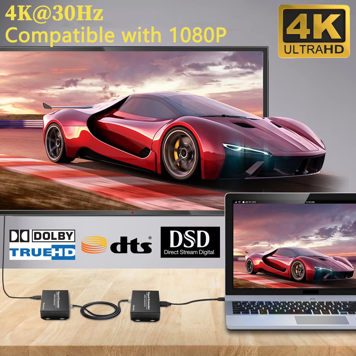 LornCeng 4K HDMI KVM USB Extender Over Cat5e/6/7 up to 120M(394ft), KVM Extender Over IP Zero Latency Support All System, Plug & Play, 4 Ports USB2.0