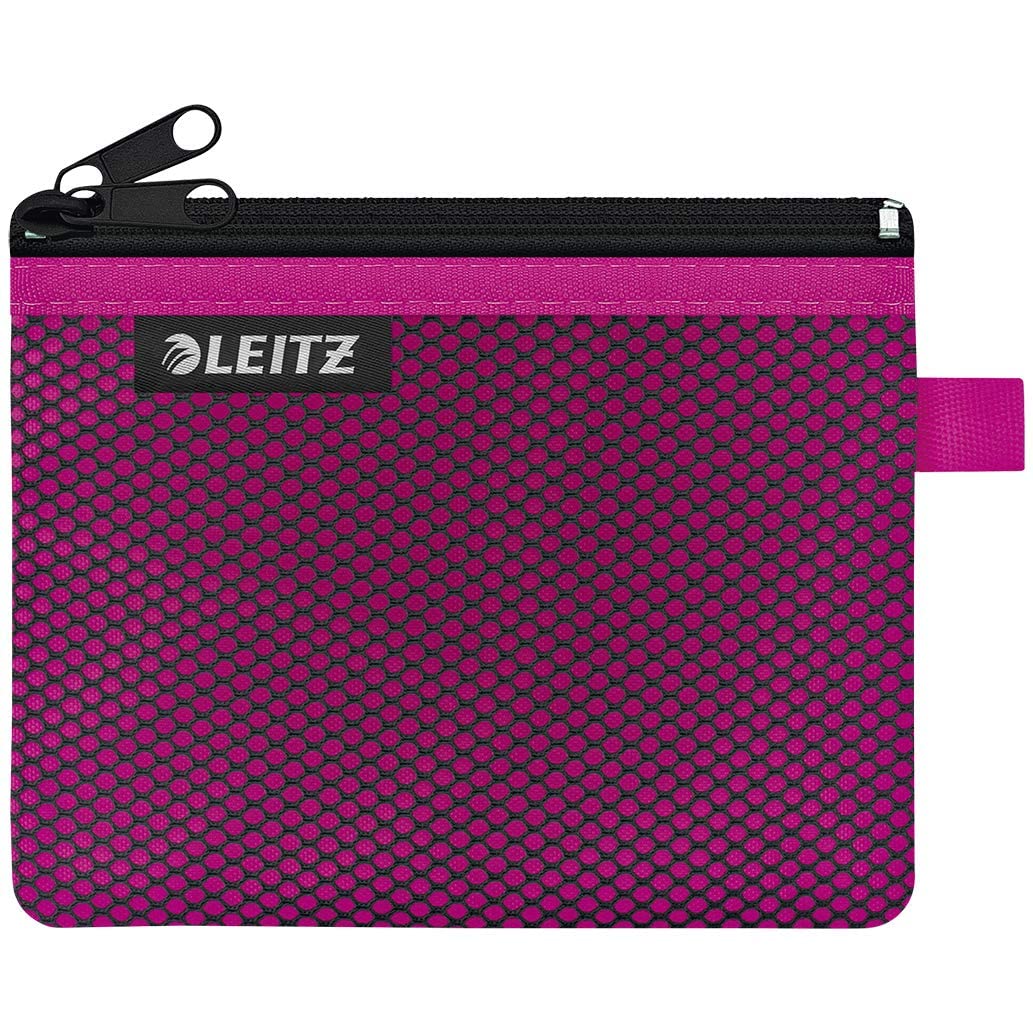 Leitz Wow 2-Pocket Pencil Case, Nylon Zip, Washable, Ideal Plastic Wallet, Small (14 x 10.5cm) - Pink, 40110023