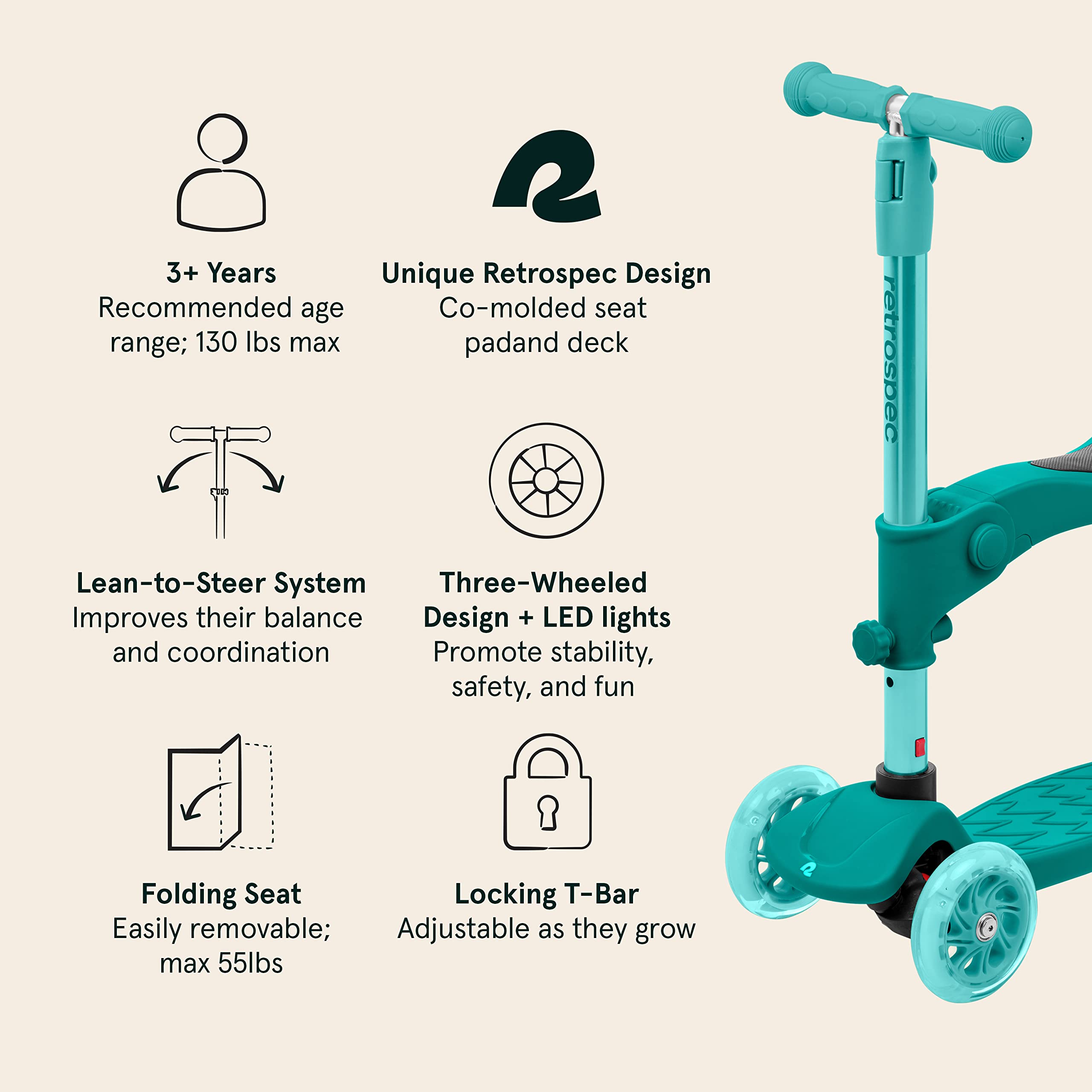 Retrospec Chipmunk Plus Kids’ Kick Scooter 3+ Years - Height Adjustable 3 Wheel Scooters - Learn to Steer, Foldable Seat, LED Lights, & No-Slip Deck