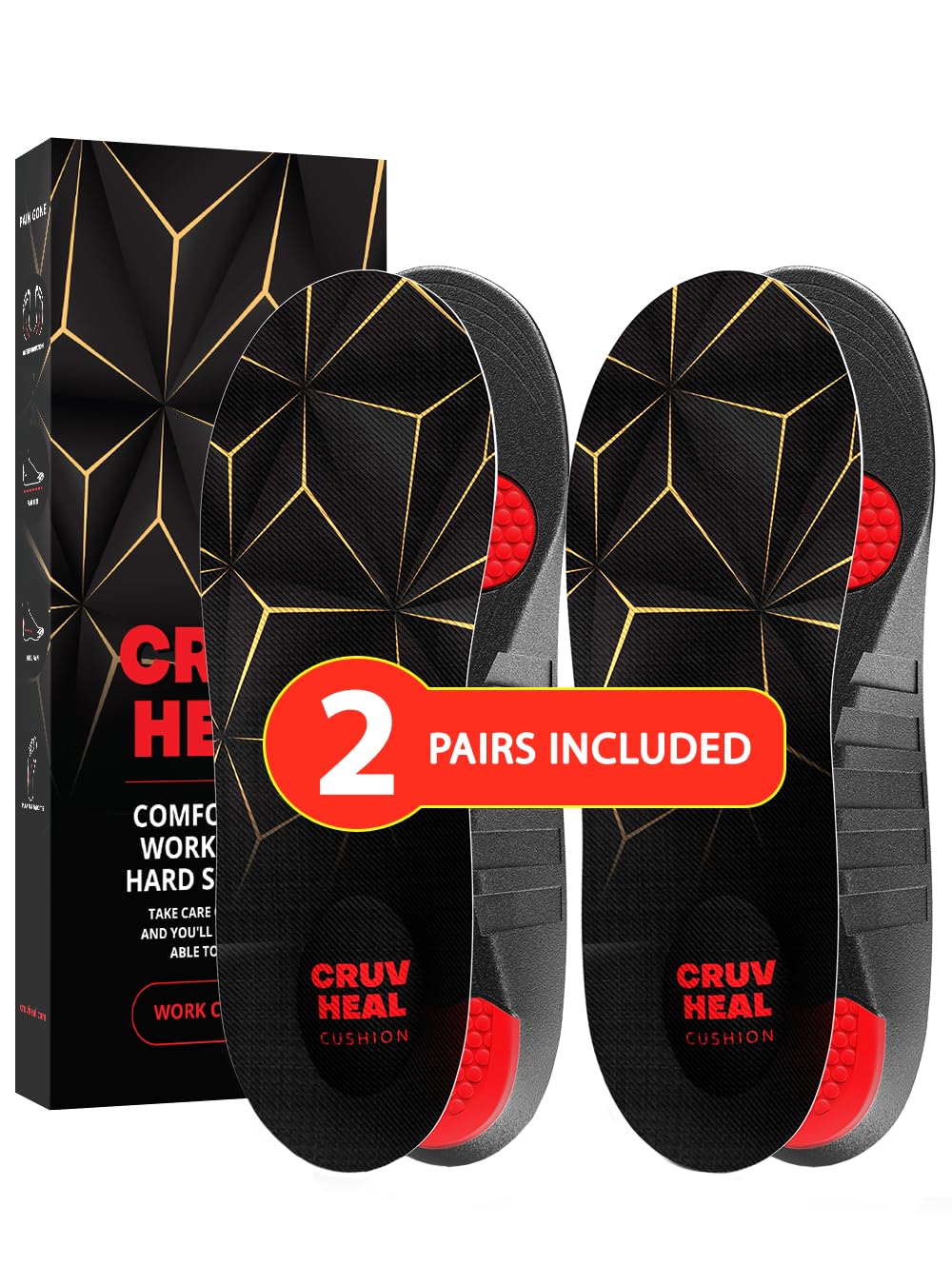 Photo 1 of 2 Packs of Work Pro Comfort Insoles - Shock Absorption - Low Arch - Cushioning Anti Fatigue Shoe Insert Men Women - Non-Slip - Soft Comfortable Work Boot Insoles - Foot Pain Relief (S, Black)