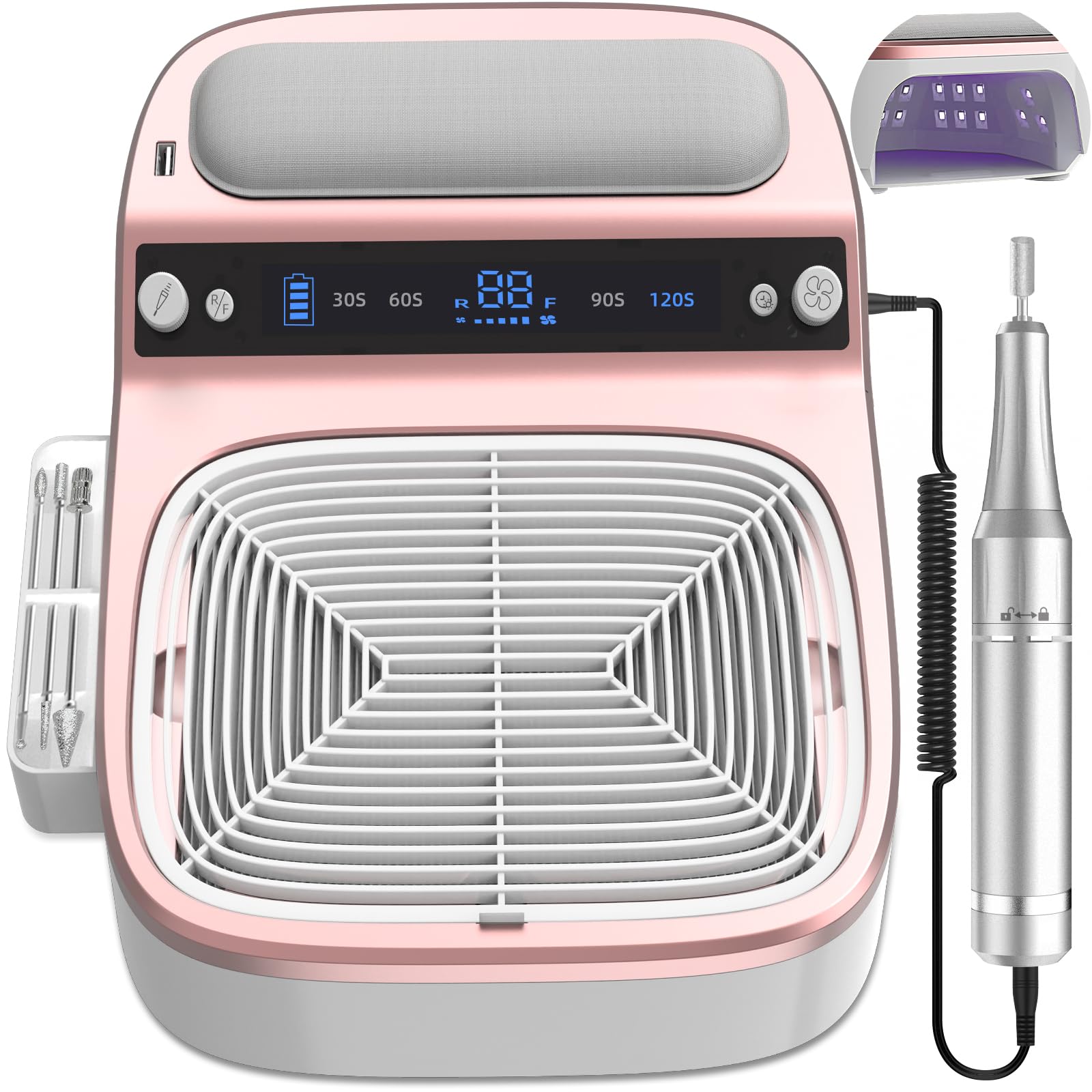 Photo 1 of 3-in-1 Nail Dust Collector & Electric Nail Drill File & UV LED Nail Lamp, 5 Suction Modes, Stepless Speed Forward/Reverse, Cordless 8000mAh Nail Kit Tech with Timer Auto Sensor for Home Use Salon