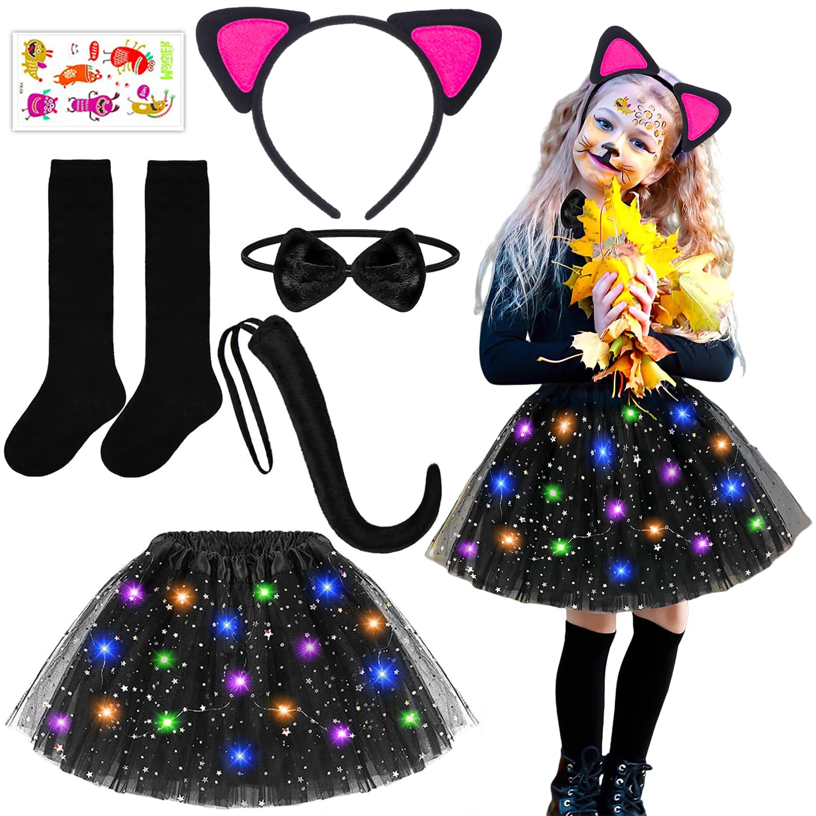 Cat Costumes For Kids, Halloween Costumes, 6PCS Cat Costume Set Includes Cat Ears Headband Luminous Skirt Cat Tail Bow Socks Luminous Sticker, Kids Halloween Costumes Girls for Halloween (Black Cat)