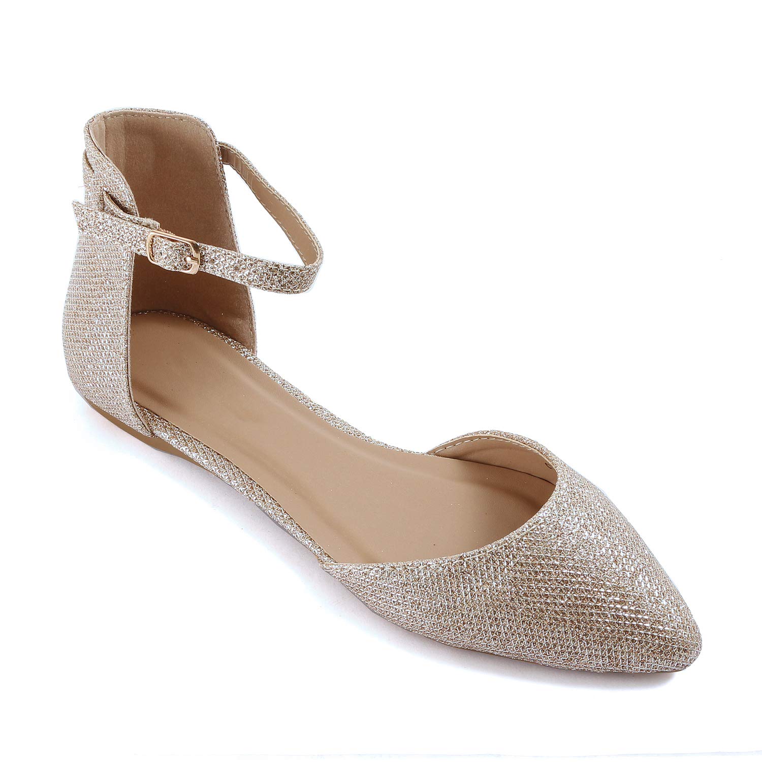 Guilty Heart Womens D'Orsay Pointy Toe Ankle Strap Buckle Comfort Ballerina Ballet Flats Shoes (8.5 M US, Champagne)