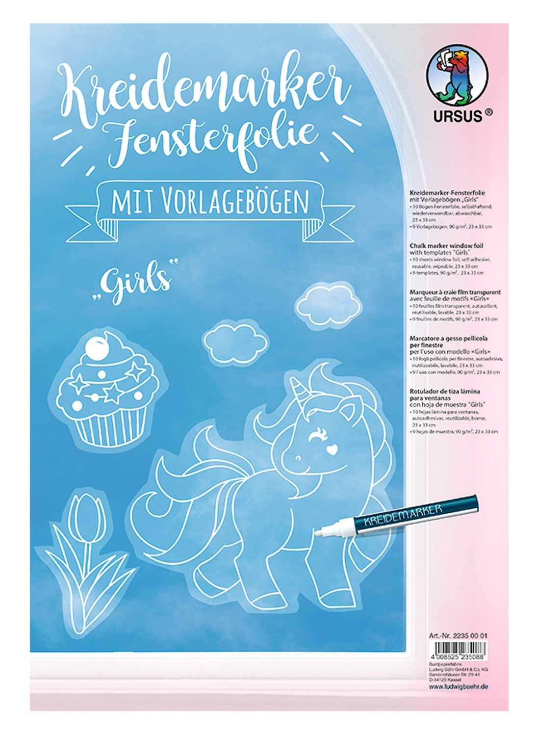 Ursus 22350001 Chalk Marker Window Film Girls, 10 Sheets, Highly Transparent, Approx. 23 x 33 cm, with Template Sheet in Various Designs, Self-Adhesive, Washable, Reusable
