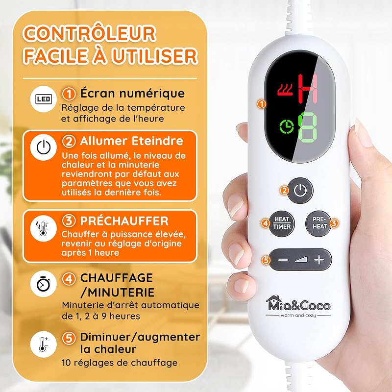 Couverture électrique chauffante, avec arrêt Automatique, 10 Niveaux de Chauffage Jusqu’à 9 Heures, Protection Contre la surchauffe, certifiée ETL, pour lit, en Flanelle, Chauffage Rapide