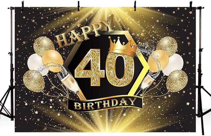 Amazon Co Jp Mehofoto キラキラ ゴールド 星 ブラック 王冠 写真背景 ゴールド シャンパンバルーン 大人用 40歳 ハッピーバースデーパーティー バナー 背景幕 8x6フィート おもちゃ