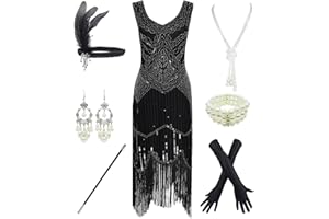 ESRTYERYH WOMEN COSTUME 1920s Gatsby Sequin Fringed Paisley Flapper Dress with 20s Accessories Set
